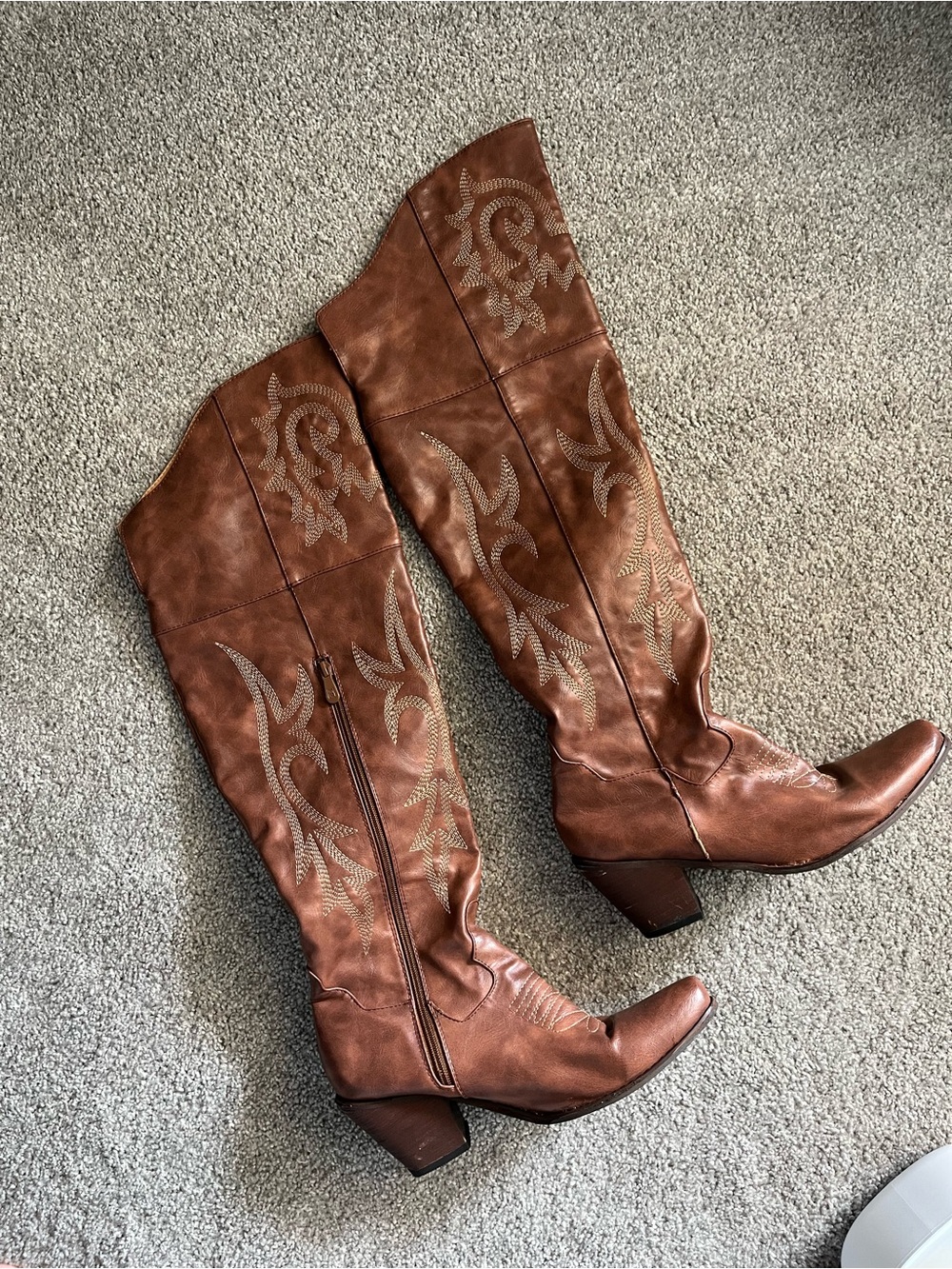 Brown Embroidered Knee-High Western Boots